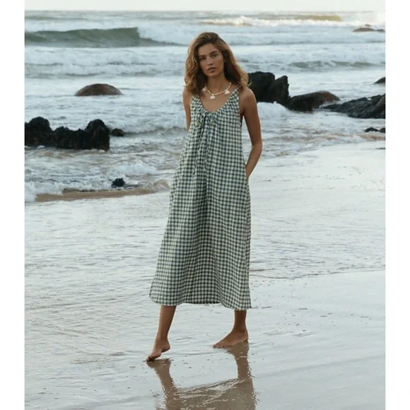 Opia Byron Bay Bridget Dress XS/S NWT Green Gingham Sleeveless Maxi Dress - Picture 7 of 12